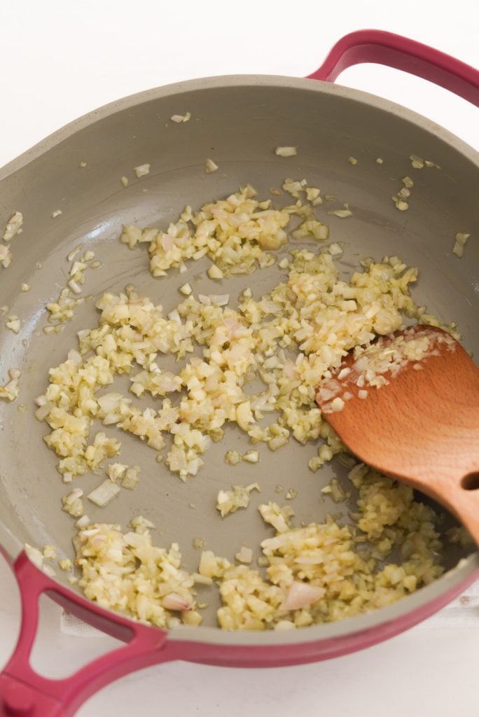 sauteed shallots and garlic in the pan.