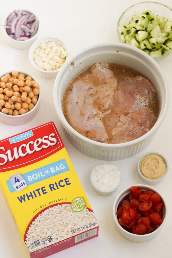 Mediterranean rice bowls ingredients measured out