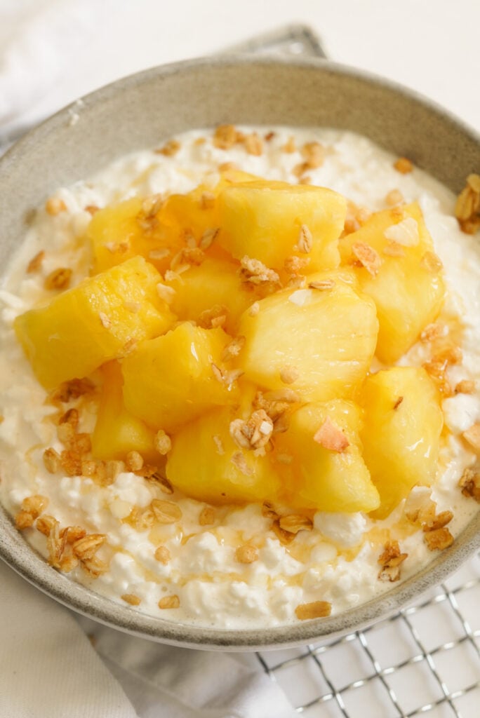 pineapple chunks with cottage cheese, honey, and granola