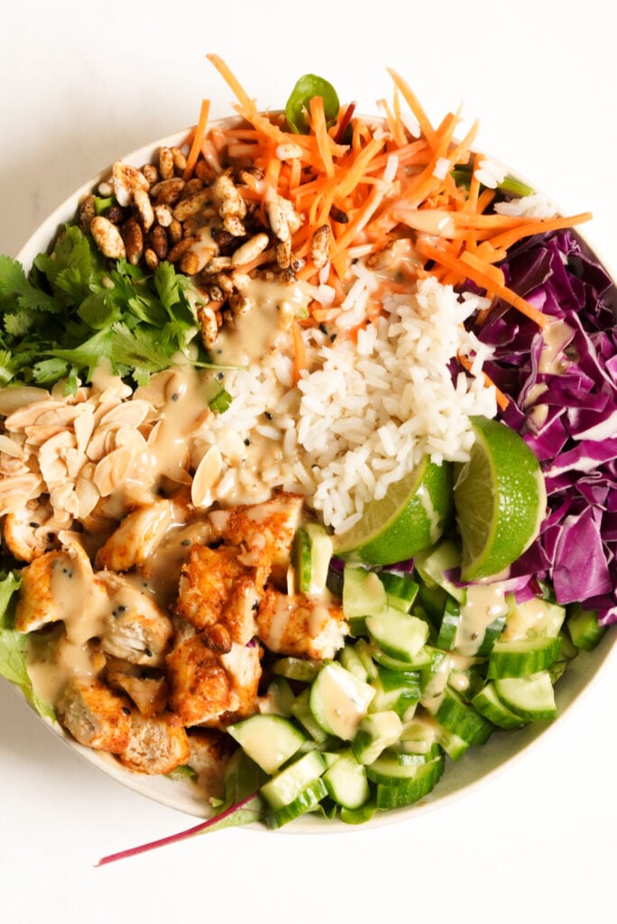 overhead shot of a copycat sweetgreen crispy rice bowl