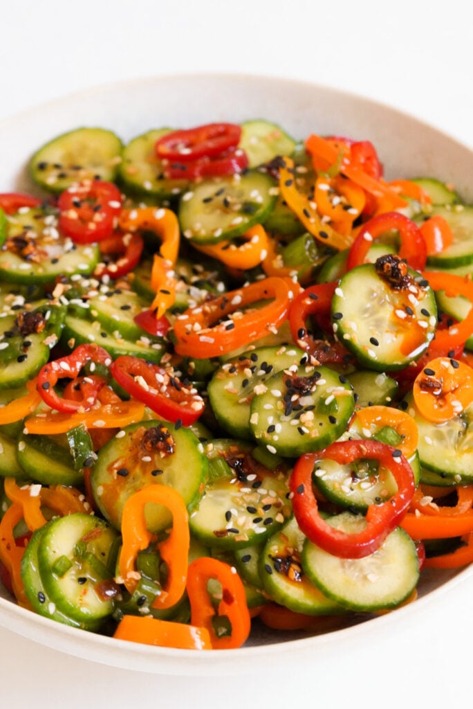 viral cucumber and sweet bell pepper salad with ginger dressing, chili crunch, and bagel seasoning