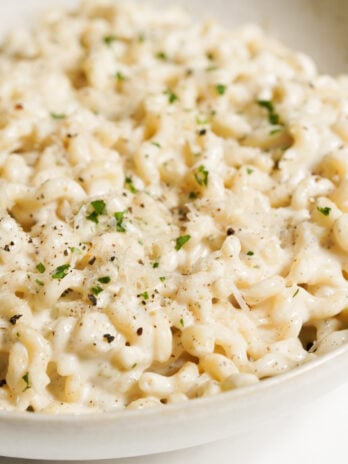 pasta tossed in alfredo sauce made with cottage cheese.