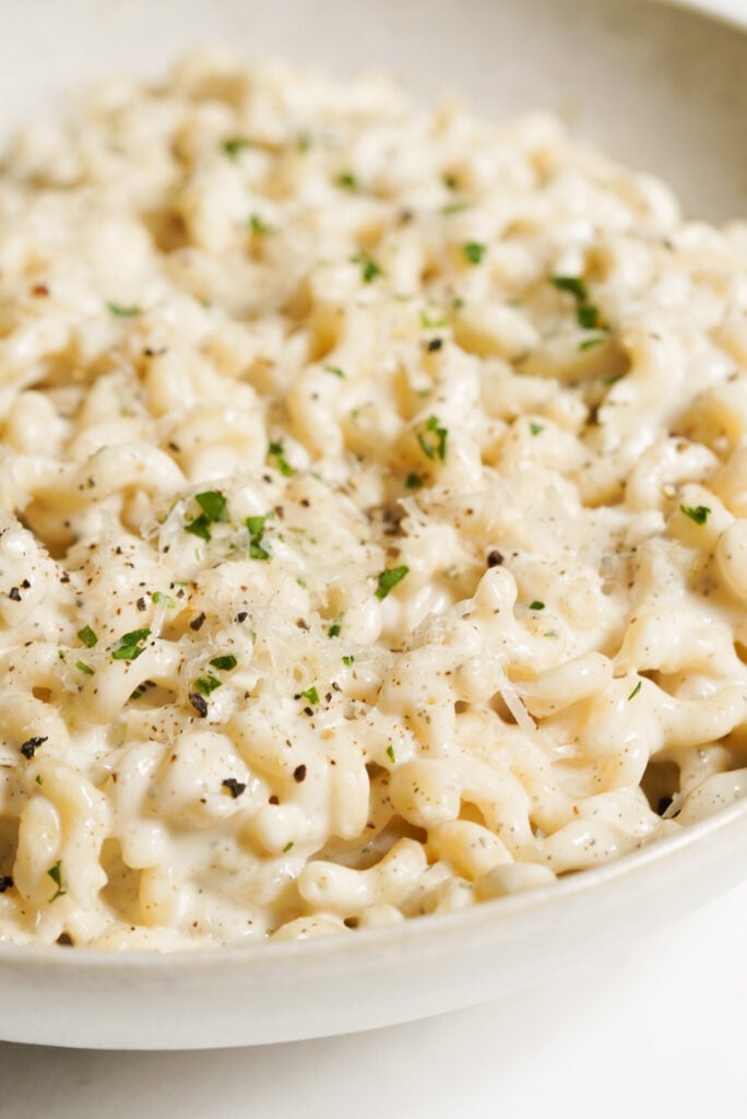 pasta tossed in alfredo sauce made with cottage cheese.