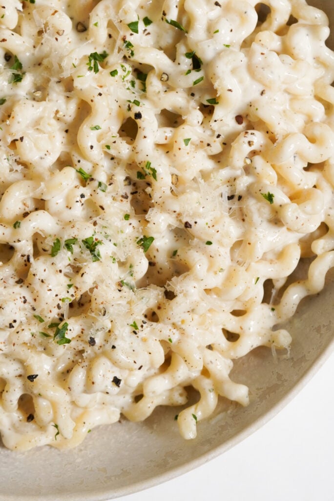 flat lay shot of a bowl of alfredo pasta with cottage cheese.