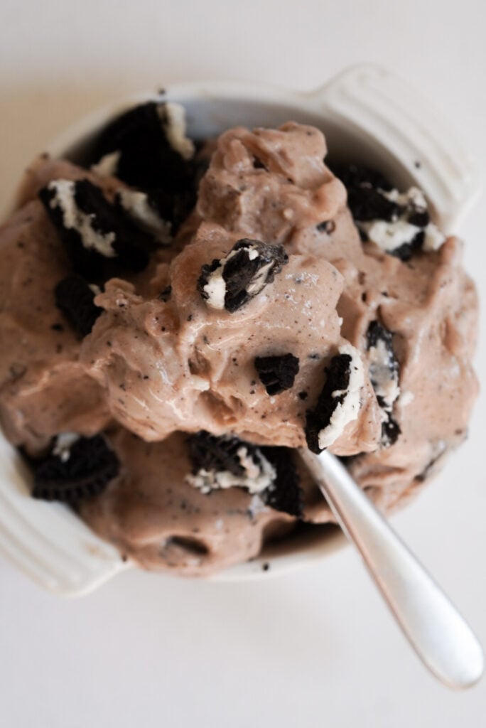 chocolate protein ice cream in a bowl