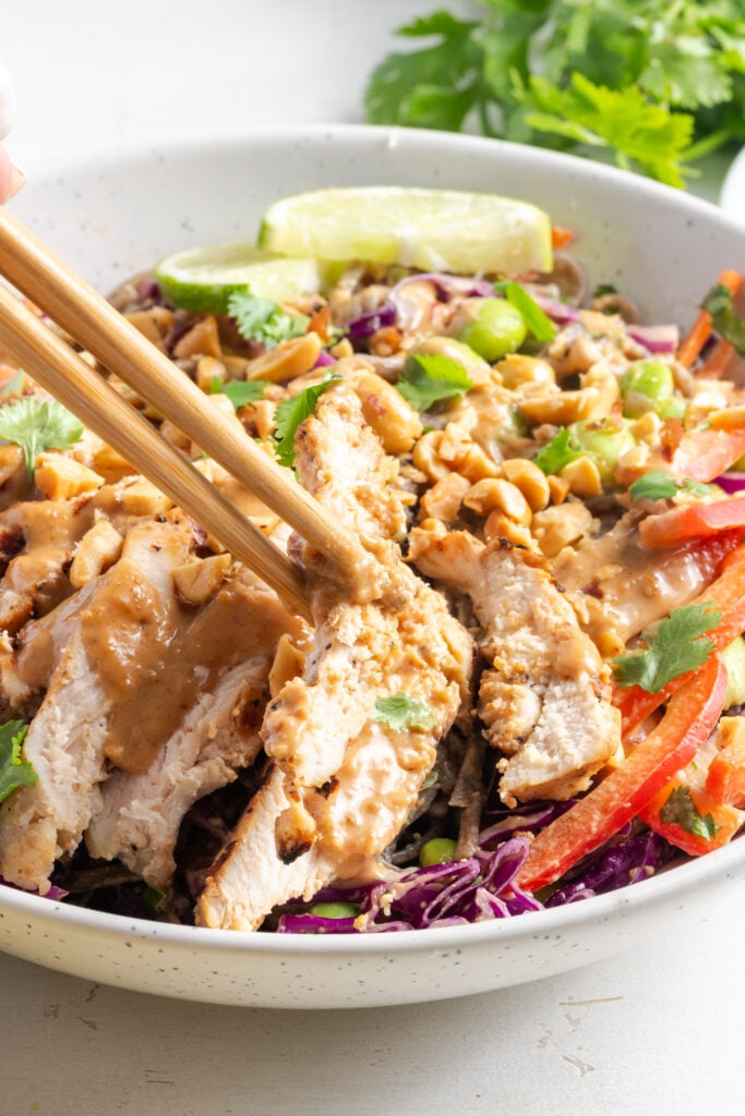 closeup shot on a pair of wooden chopsticks grabbing a piece of sliced chicken from the top of peanut noodle salad.