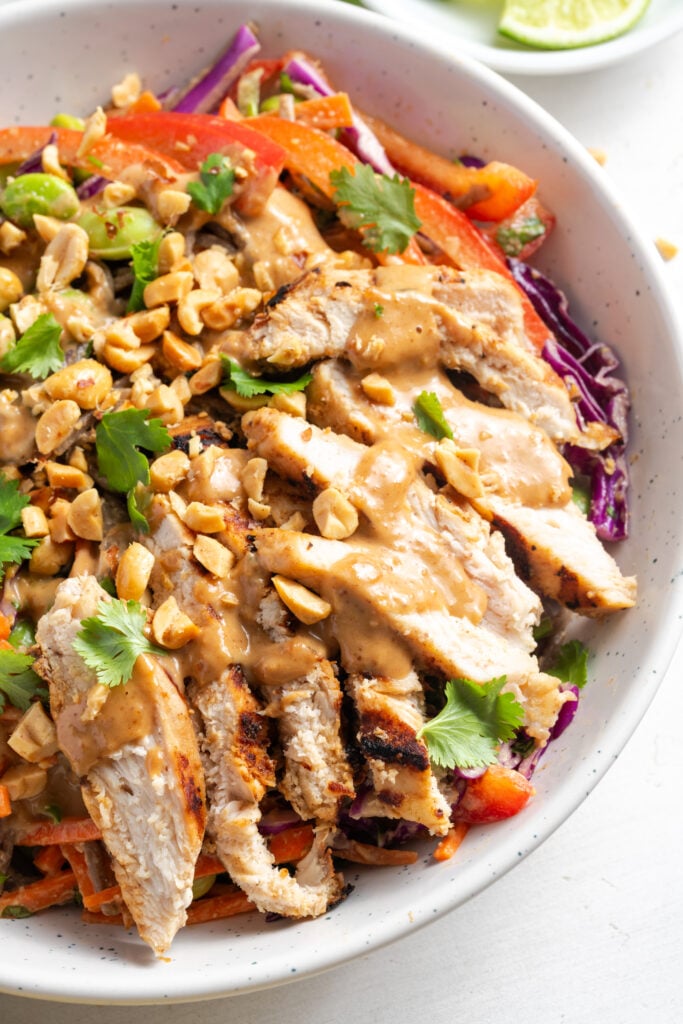 thai noodle salad with chicken and peanut dressing on top.