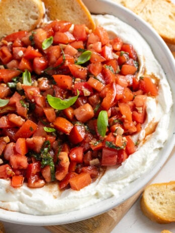 45 degree angle shot of bruschetta dip with whipped ricotta and crispy homemade crostini for dipping.