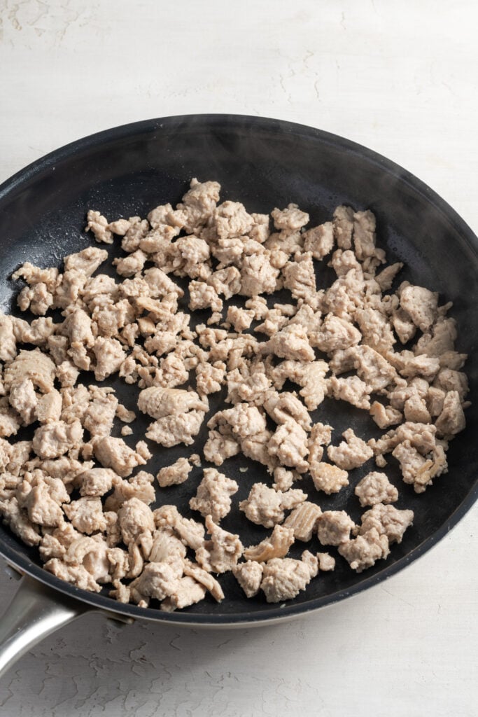 cooked ground turkey in a skillet.