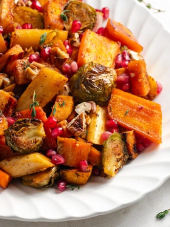 closeup shot of the right half of a serving platter of fall roasted veggies.