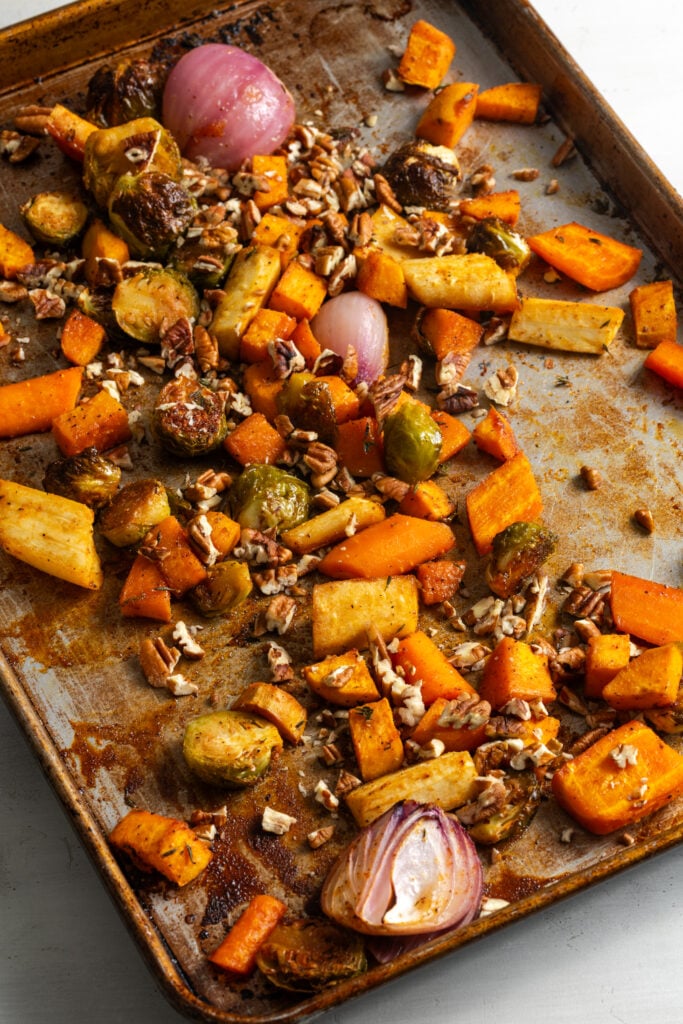 chopped pecans added to the sheet pan during the last few minutes of cooking.