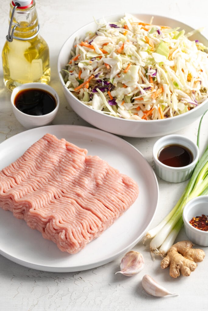 ingredients needed for making egg roll in a bowl with ground turkey measured out on a white table.