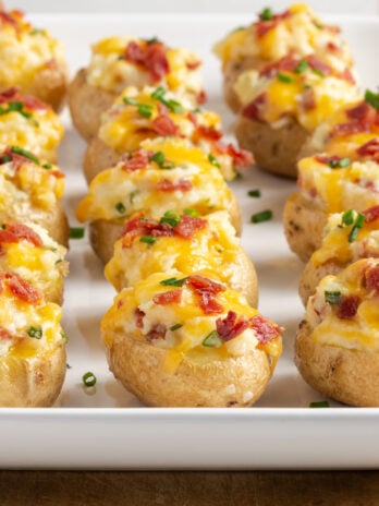closeup shot of twice baked loaded baby potatoes.