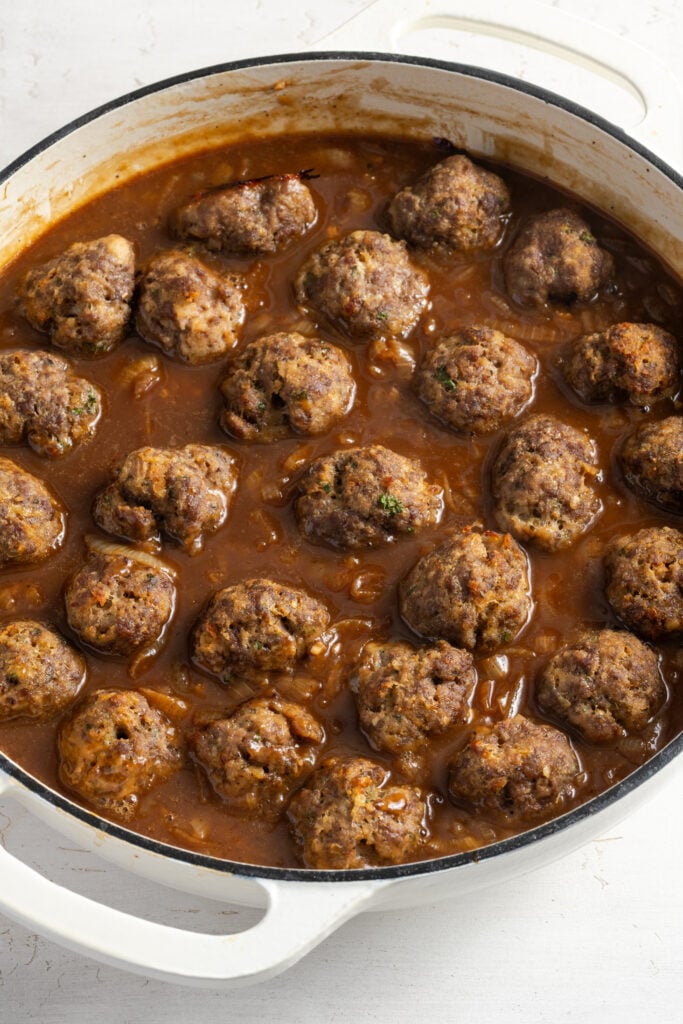baked beef meatballs added to the pan with the french onion gravy sauce.