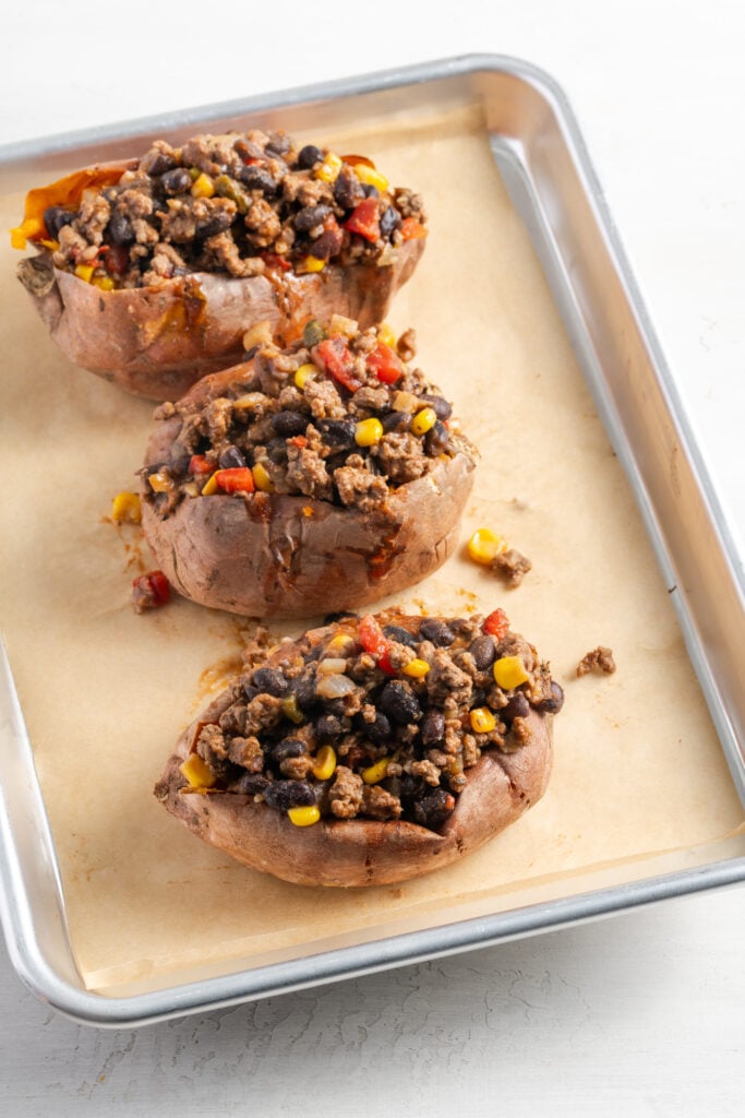 baked sweet potatoes stuffed with the ground beef and black bean taco mixture.