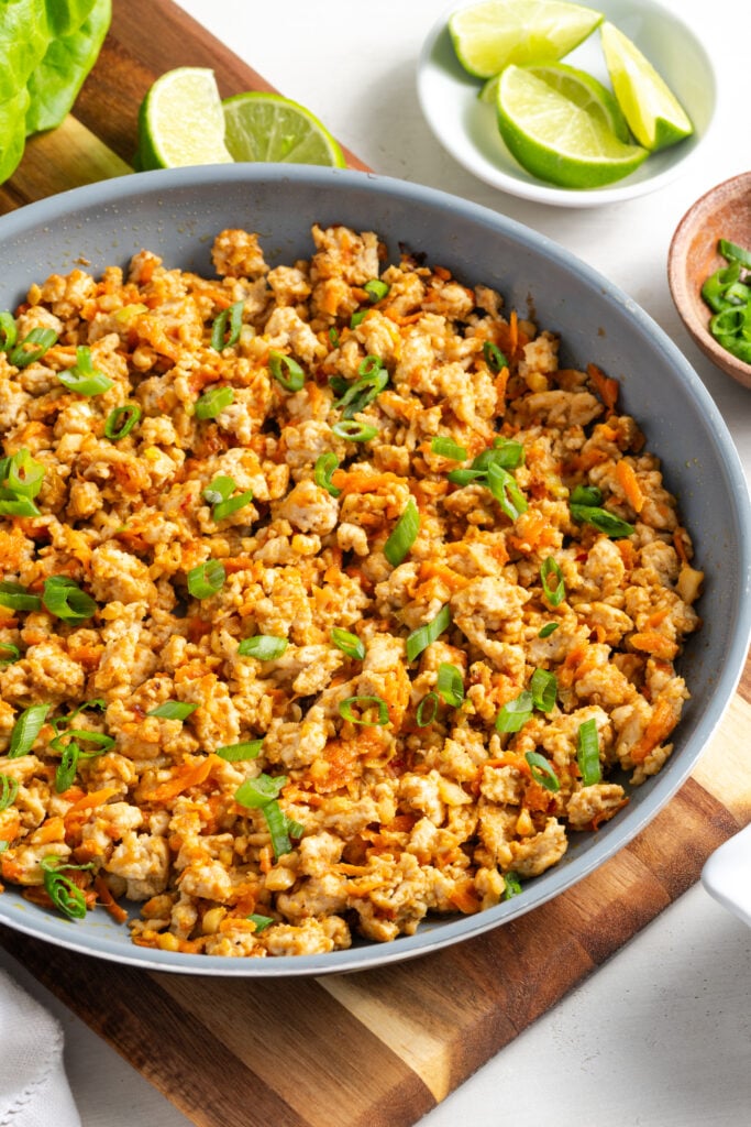 closeup of the ground turkey lettuce wraps filling in a skillet.