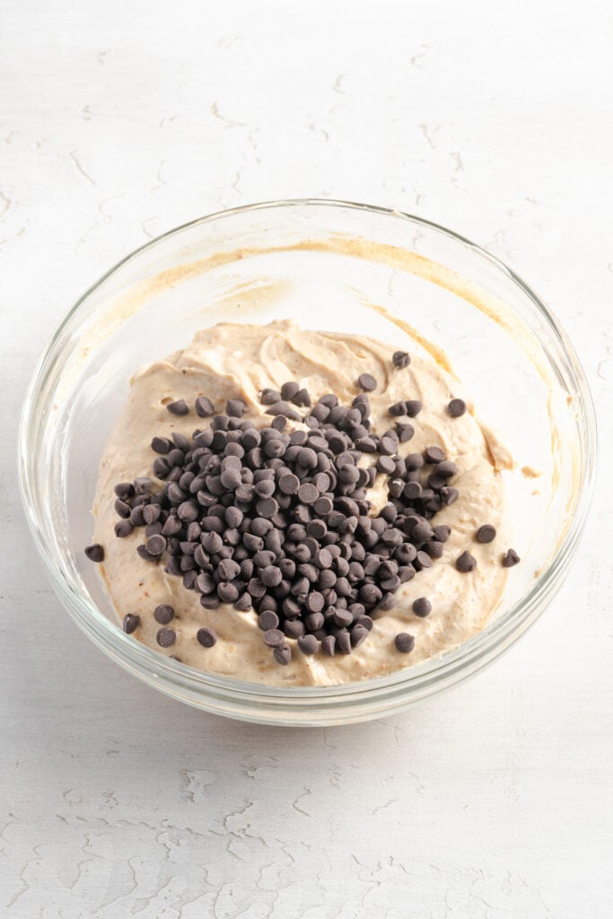 mini chocolate chips added to the greek yogurt and peanut butter mixture.